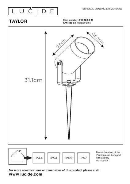 Lucide TAYLOR - Spot de jardin - Ø 10 cm - 1xGU10 - IP65 - Noir - technique